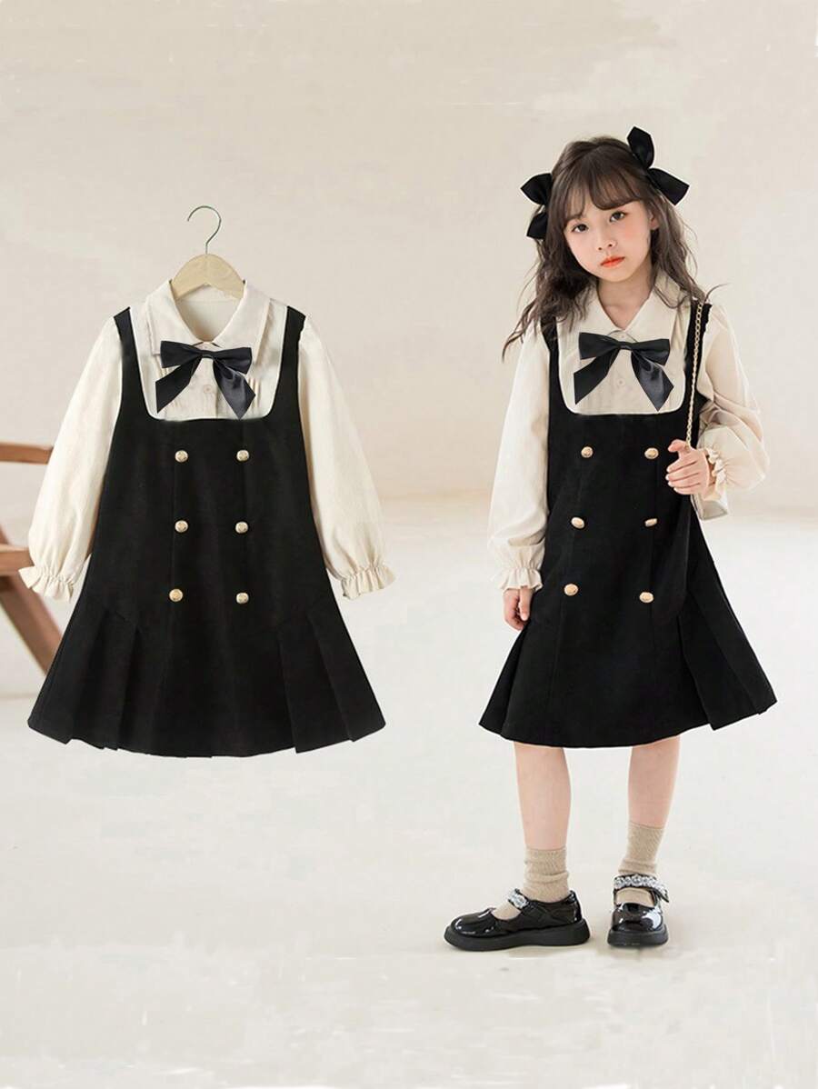 Tween Mädchen Preppy Style 2 in 1 Prinzessinnenkleid, Mode für den Herbst - Schwarz - Übersicht 1