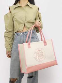 1 pieza Bolsa de regalo de lona con diseño de patchwork personalizable, bolsa de compras reutilizable, saco de arpillera vintage, bolso de gran capacidad, bolsa de dama de honor para la playa personalizada, adecuada para uso diario - Rosa - Ver 2
