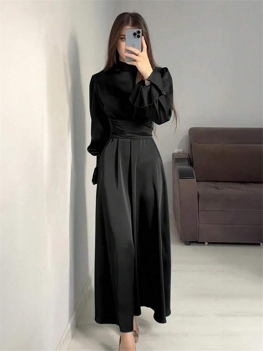 Đầm dài cho nữ tay đèn lồng cổ cao dự tiệc màu trơn váy ren, kín đáo - màu đen - Xem 1