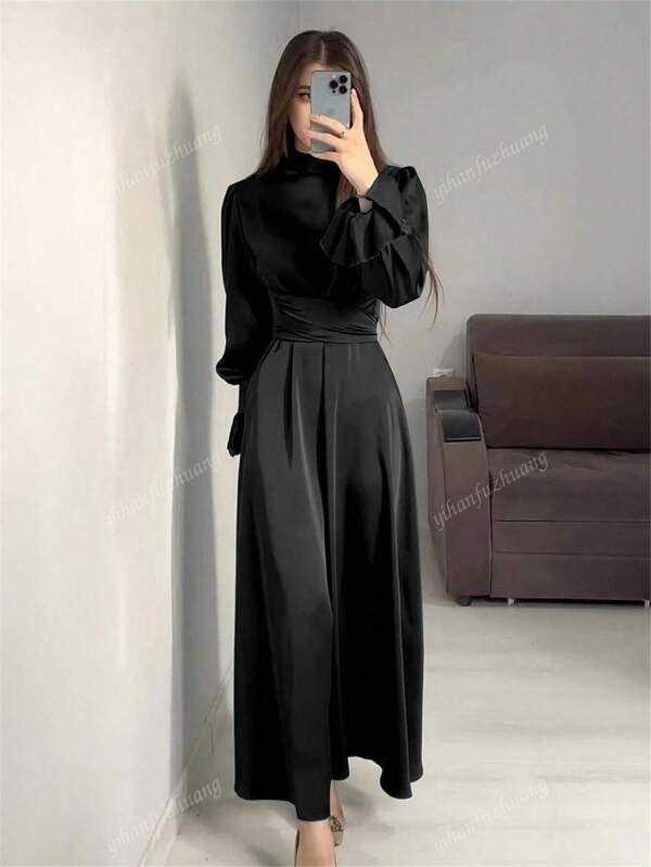 Women Long Dress Lantern Sleeves High Neck Party Plain Color Gown Lace Up Dress, Modest