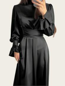 Đầm dài cho nữ tay đèn lồng cổ cao dự tiệc màu trơn váy ren, kín đáo - màu đen - Xem 5