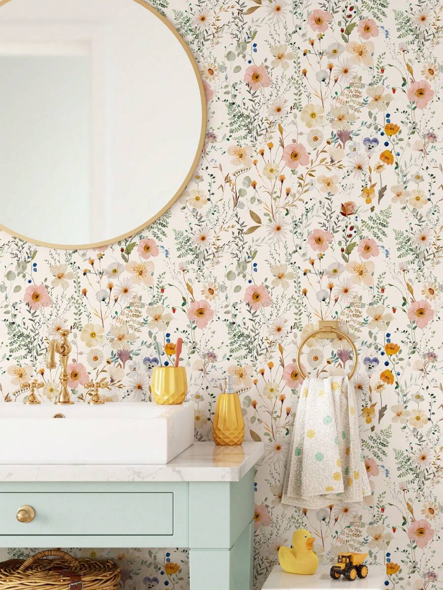 1张花卉植物图案壁纸，花卉自粘壁纸，撕贴式壁纸，浅色背景壁纸，可移除壁纸，适用于客厅、卧室、墙面、家具翻新装饰，尺寸：17.7英寸 x 6.5英尺/9.8英尺