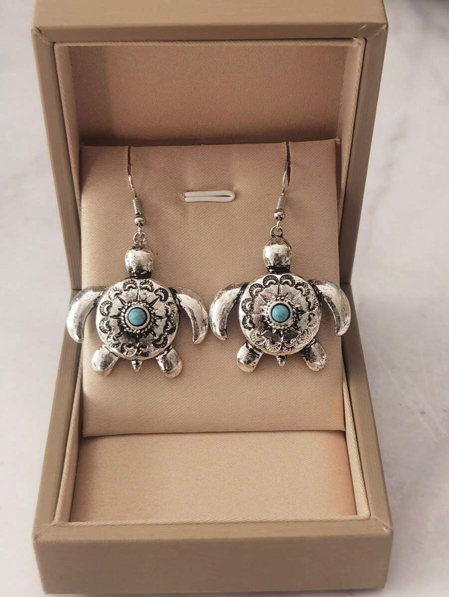 1 Cặp bông tai mặt dây chuyền hình con rùa bạc cổ điển, trang sức kim loại phong cách Punk thiết kế độc đáo dành cho phụ nữ - Màu Bạc Cổ - Xem 1