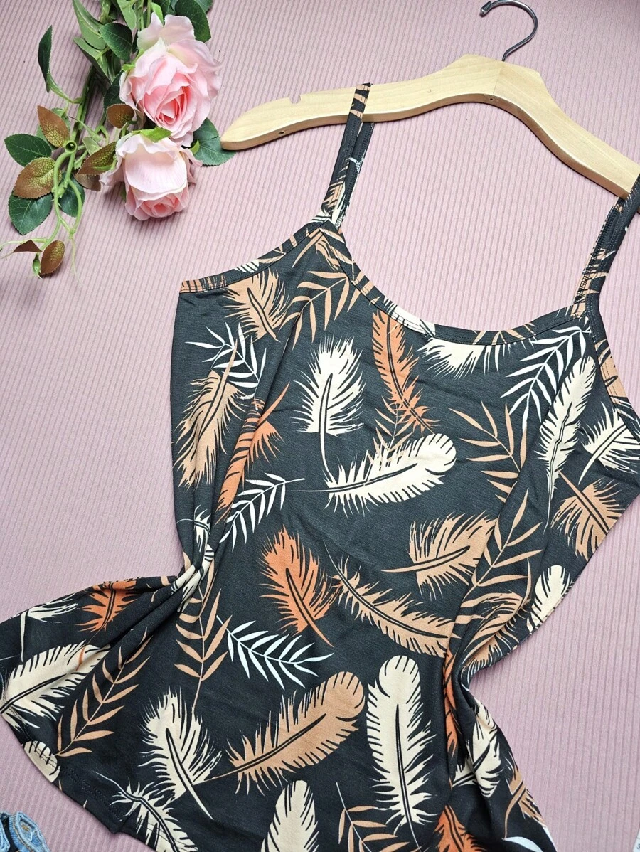 FASHION Women's Tank Top Plus Size Straps G1 Stretches Well NEW Prints - 羽毛 黑 - 查看 1