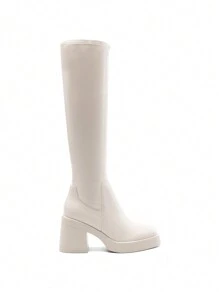 Women's Platform Chunky Heel Knee-High Boots Square Toe Side Zipper Fashionable Versatile Solid Color Y2K  Tall Boots  For Autumn/Winter - 米色 - 查看 7