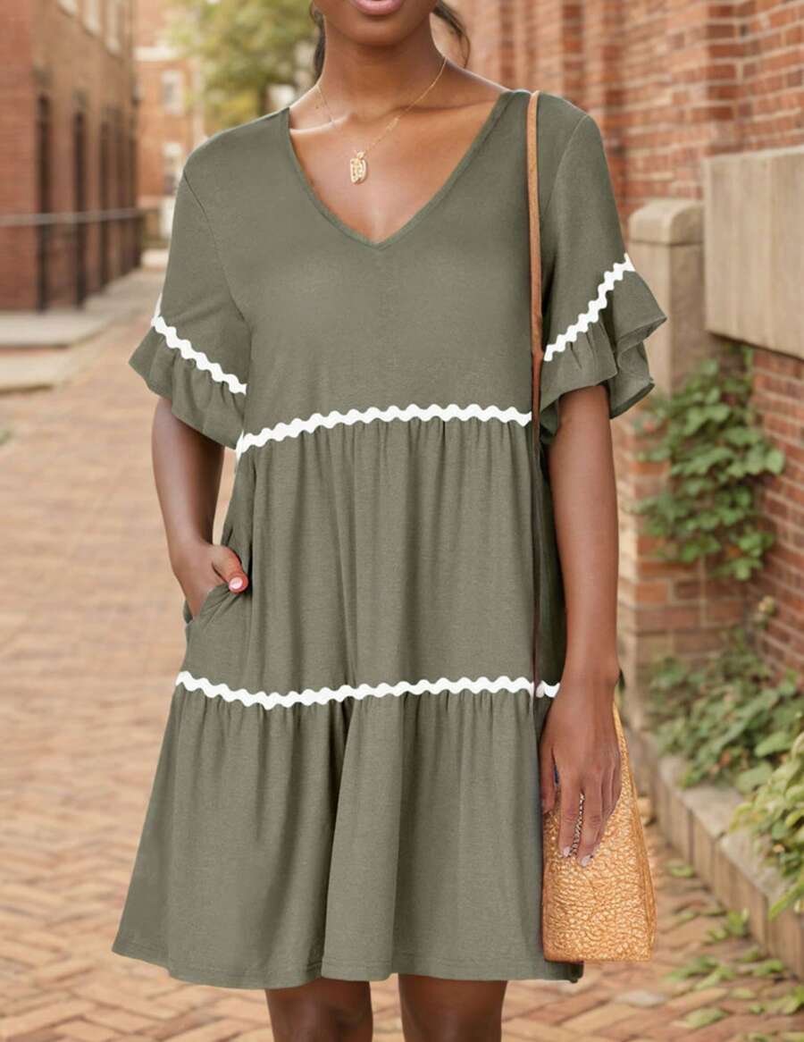 tooluck Women's Flowy Mini Dress With Pockets Solid Color & Stripes Print Design V Neck Ruffle Short Sleeve A Line Tiered - Màu xanh Bạc hà - Xem 1