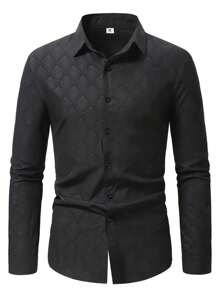 Camisa de manga larga con cuello de cuadros y botones de moda para hombres - Negro - Ver 1