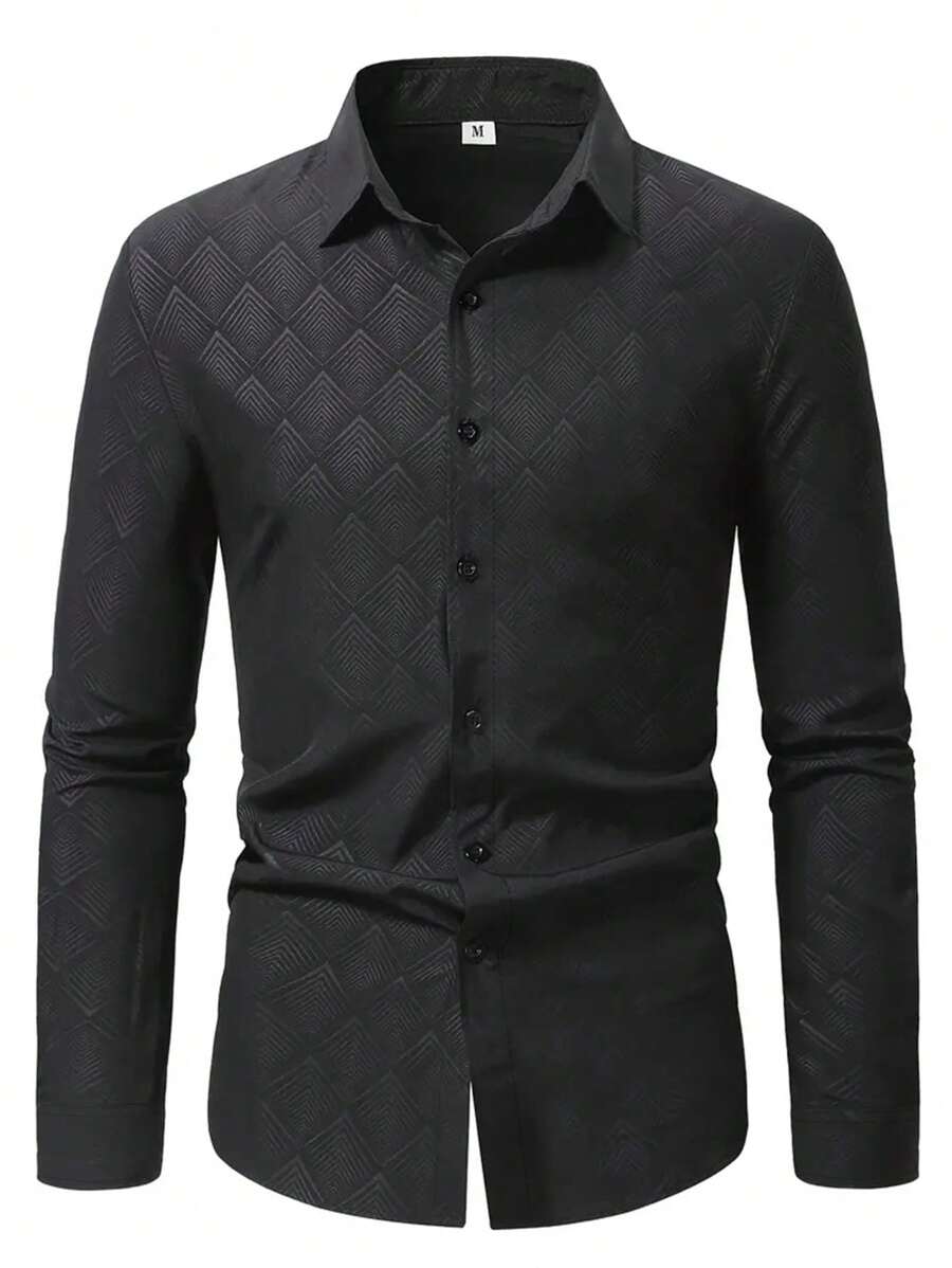 Camisa de manga larga con cuello de cuadros y botones de moda para hombres - Negro - Ver 1