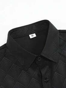 Camisa de manga larga con cuello de cuadros y botones de moda para hombres - Negro - Ver 3
