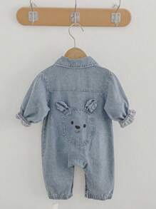 Bộ quần áo trẻ em mùa xuân & thu mới, áo liền quần denim dáng rộng unisex, áo liền quần denim tay dài cài khuy thêu hình gấu cỡ lớn (Vui lòng đặt size nhỏ hơn một size) - Màu xanh lam - Xem 5