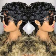Short Pixie Cut Wigs Human Hair For Women African American Wigs Glueless Wigs Pre Plucked Short Curly Wigs With Bangs For Daily Use Natural Black 1B Color - Black - View 4