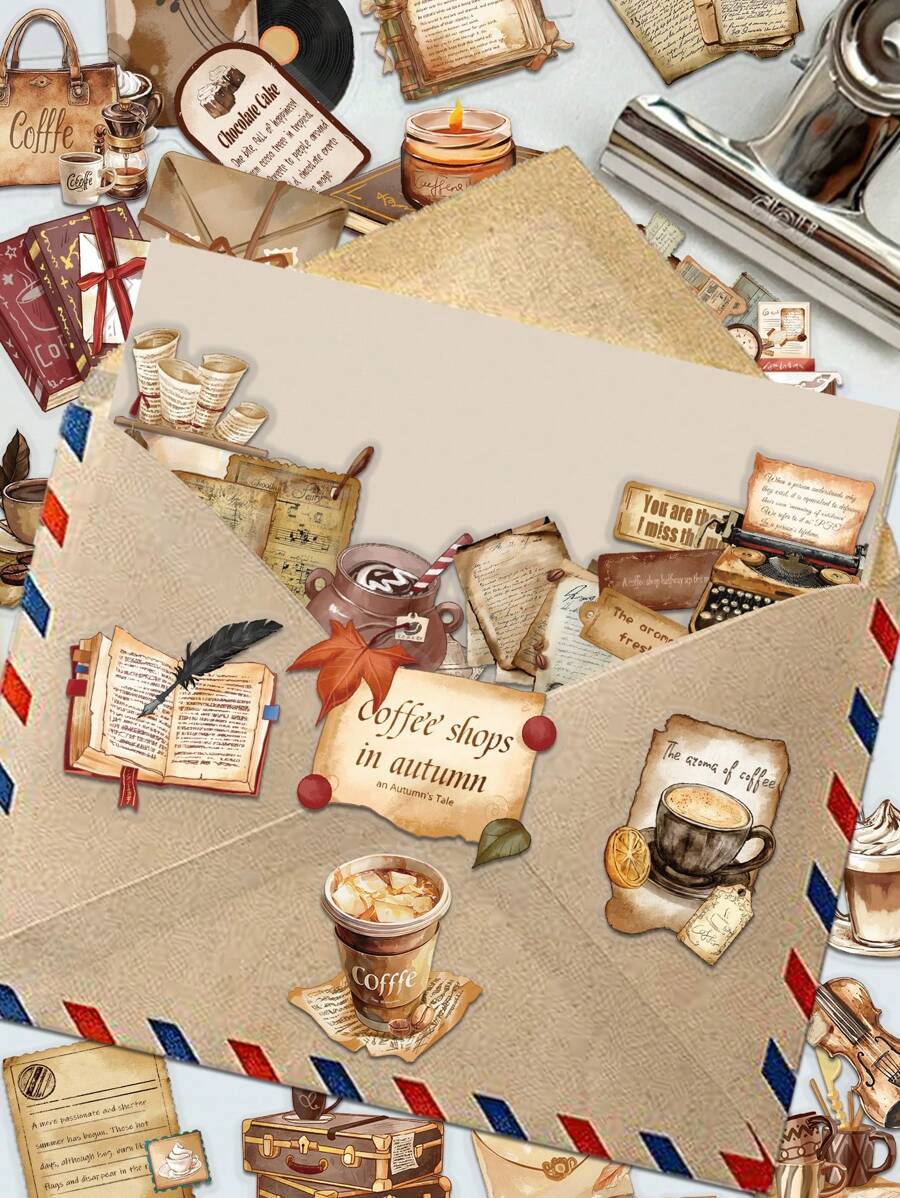 50 张复古咖啡风格贴纸，采用 PET 材料制成，DIY 装饰日记、笔记本、手机壳、笔记本电脑、水瓶、剪贴簿 - 彩色 - 查看 1