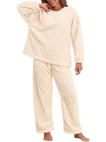Pajamas For Women Sets Soft Comfy Fluffy Pajama Fleece Pullover Ribbed Pjs Warm Plush Lounge Sleepwear 2 Piece - Màu da - Xem 1