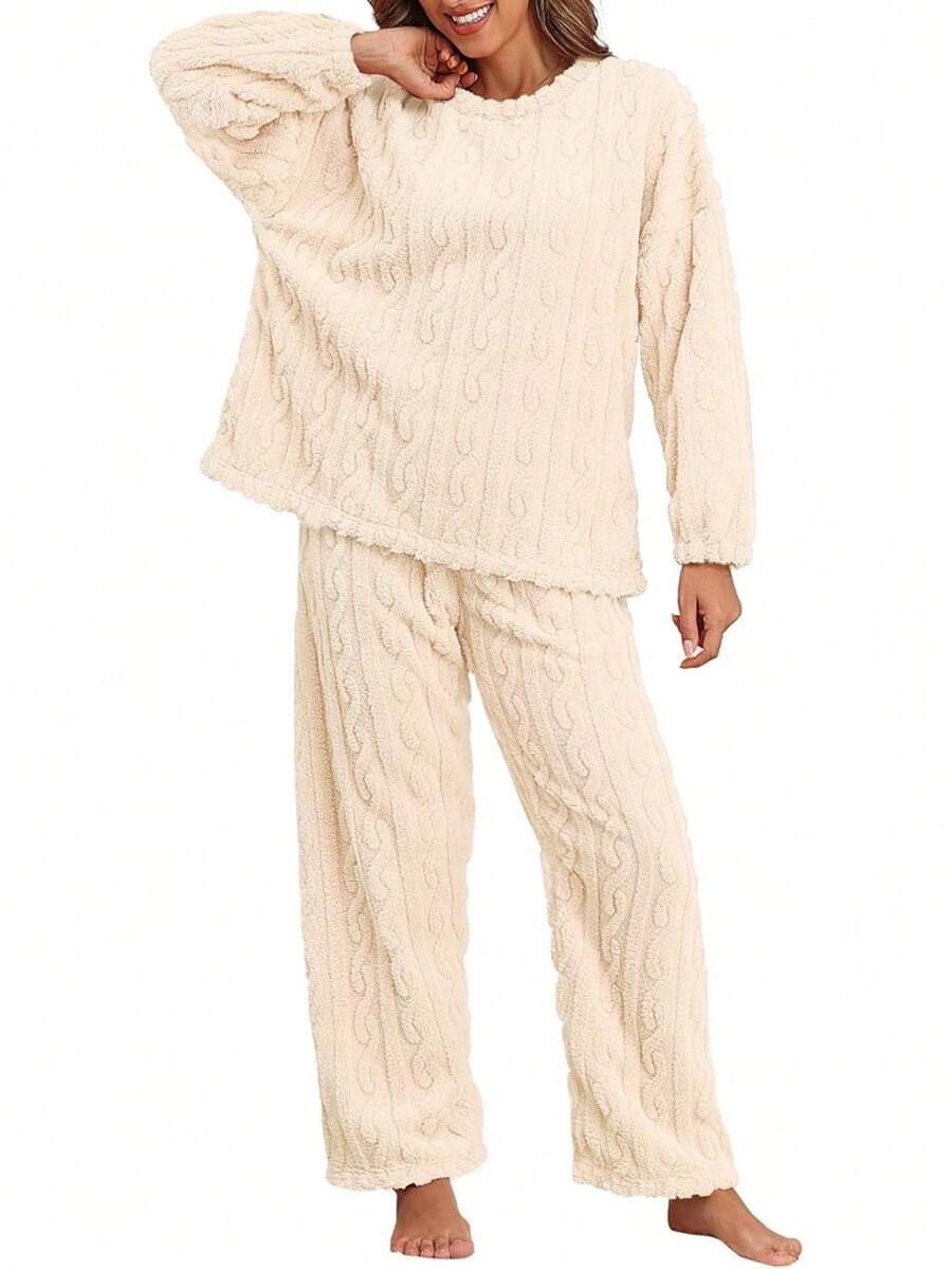 Pajamas For Women Sets Soft Comfy Fluffy Pajama Fleece Pullover Ribbed Pjs Warm Plush Lounge Sleepwear 2 Piece - Màu da - Xem 1