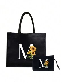 Bolsa de lona negra, que incluye una bolsa con iniciales impresas de la A a la Z y una bolsa pequeña impresa, con estampado de girasoles y flores, letras, flores, paquete de regalo personalizado, bolsa de lona negra - Negro - Ver 23