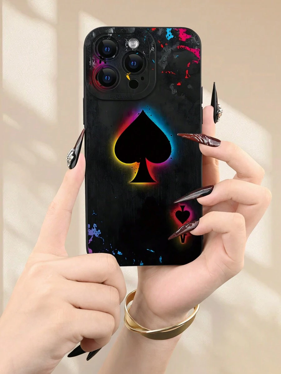1 Peça Conjunto Criativo de Cartões de Jogar com Gráfico de Pôquer, Estampa de Padrão 2D, Estilo Fashionista e Único, Estética Adequada como Presente para Amigos, Família, Casais, Aniversário, Natal, Ano Novo, Compatível com iPhone 16/15/14/13/12/11/Pro/ProMax/X/XR/XS/XSMAX/7/8/PLUS e Modelos de Smartphone - Preto - Visão 1