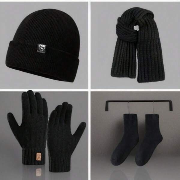 Conjunto de 4 peças de poliéster liso, cachecol, chapéu, luvas, meias, acessórios quentes unissex de outono/inverno para homens e mulheres