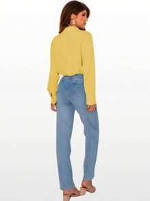 Women's Classic Elegant Long Sleeve Casual Chic Style Dress Shirt - 黃色 - 查看 4