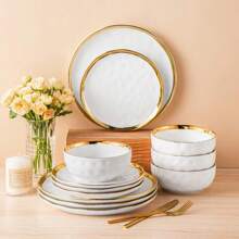 12-Piece Dinnerware, White With Golden Border, Poreclain Tableware, Dinner Plate, Dessert Plate And Bowl, Sevice For 4 - White With Golden Border - View 9