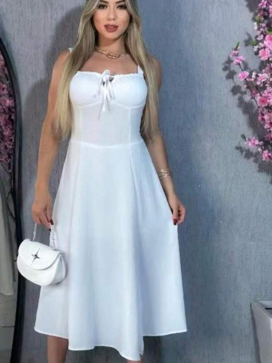 Women's Romantic Dress With Plain And Floral Print, Well-Fitted Midi Dress With Lastex Back - trắng - Xem 1