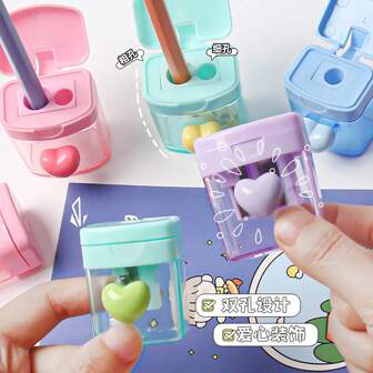 1pc Macaron Color Pencil Sharpener, Transparent Double Hole Pencil Sharpener, Pencil Sharpener With Lid,Suitable For School, Must-Have For Back-To-School Season, Student Gifts Back To School