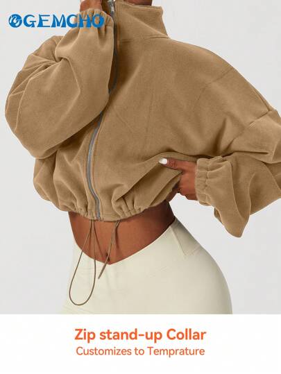GEMCHO 女士羊毛夹克短款夹克全拉链立领健身短款羊羔绒外套纯色宽松长袖短款女士夹克
