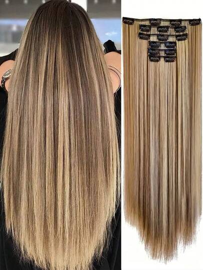 Clip In Hair Extensions, Hair Extensions Thick Long Lace Weft Lightweight Synthetic Hairpieces For Women Chocolate Brown With Golden Blonde Highlights Hair Clips Hair Accessories Halloween Christmas