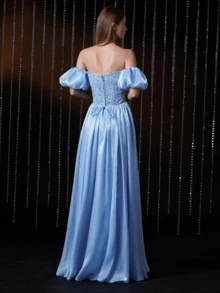 V.DRESSES Elegant Sequined Puff Sleeves Formal Prom Dress - Dusty Blue - View 5