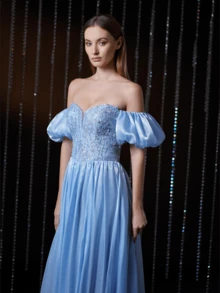 V.DRESSES Elegant Sequined Puff Sleeves Formal Prom Dress - Dusty Blue - View 4