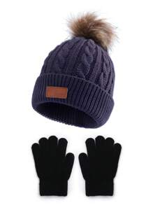 2 件儿童粗针织帽和手套套装、时尚单绒球无檐小便帽、跨境针织帽配人造皮革标签 - 3-6Y - 查看 17