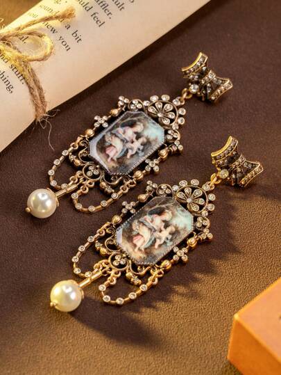 Vintage Palace Style Classical Portrait Oil Painting Earrings, Retro Antique Vintage Medieval Ear Jewelry, Thanksgiving Earrings, Chunky Jewelry, Best Friend Gifts