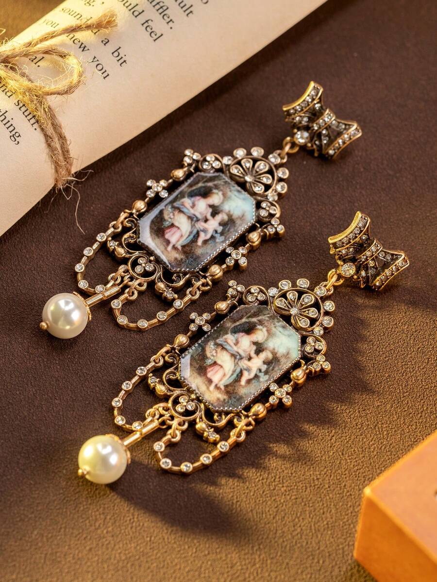 复古宫廷风格古典肖像油画耳环，复古古董中世纪耳饰，感恩节耳环，厚重珠宝，最佳朋友礼物 - 淺藍色 - 查看 1