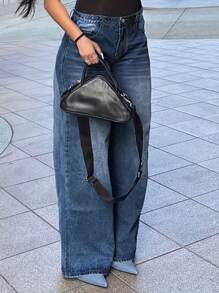 Chicsale Women's Straight Leg Wide Jeans Elegant Mid Rise Pants - Button Zipper Fly Denim Pants, Street Casual Style, Comfortable And Durable, Versatile For Daily Use - Dark Wash - View 4
