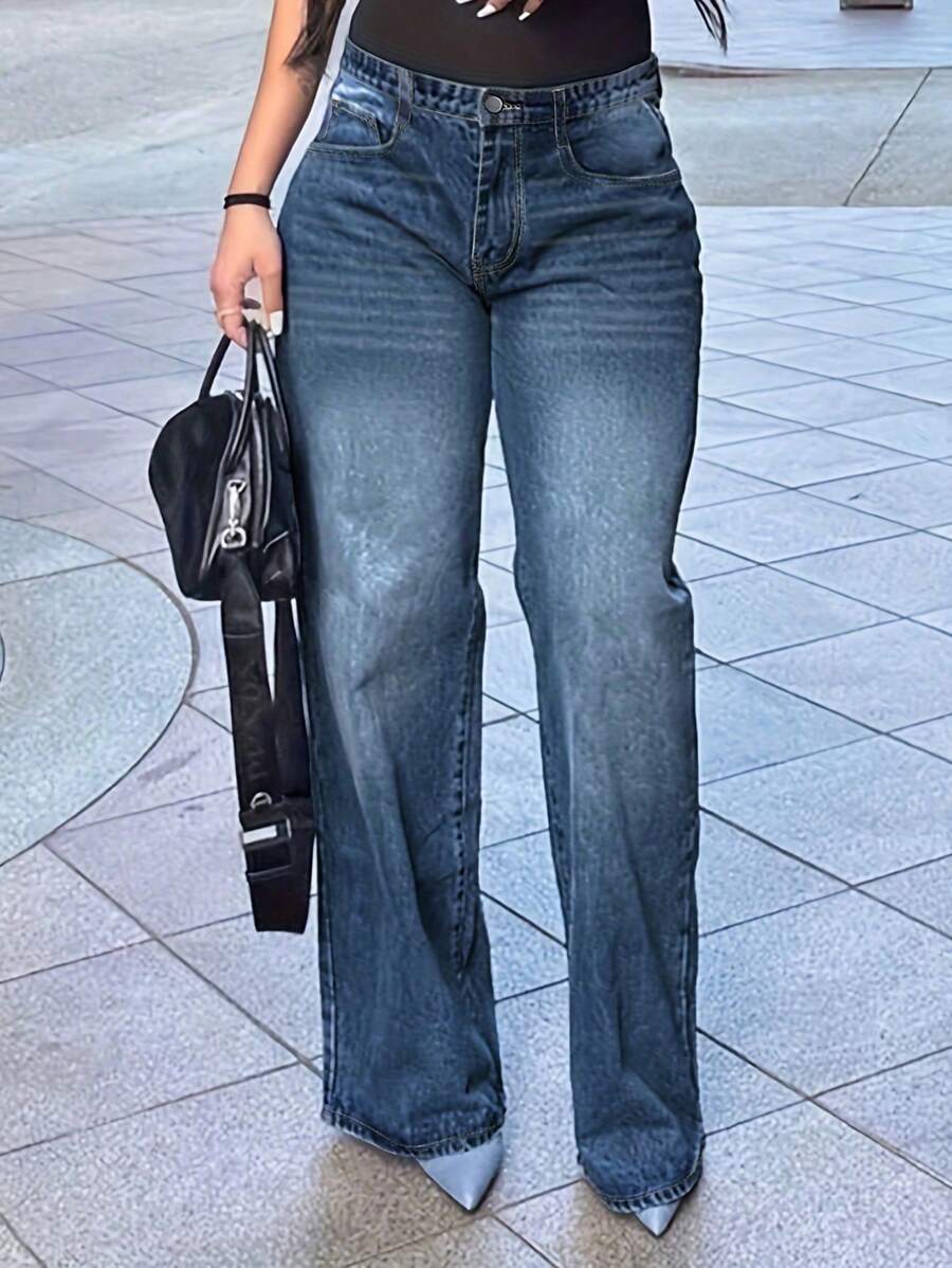 Chicsale Women's Straight Leg Wide Jeans Elegant Mid Rise Pants - Button Zipper Fly Denim Pants, Street Casual Style, Comfortable And Durable, Versatile For Daily Use - Dark Wash - View 1