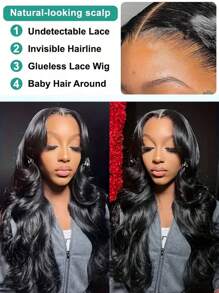 波浪前蕾丝假发 4X4 蕾丝闭合假发 女士真发 150% 密度巴西原生发 预拔假发 带婴儿头发 - Natural Black - 查看 4