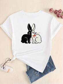 White And Black Rabbit Print T-Shirt Premium Blouse Women's Fashion Comfort Casual T-Shirt - 白色 - 查看 3