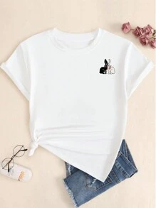 White And Black Rabbit Print T-Shirt Premium Blouse Women's Fashion Comfort Casual T-Shirt - 白色 - 查看 2