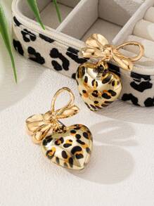 1 Pair Fashionable European And American Unique Exaggerated Leopard Bow & Heart Pendant Earrings,Valentine's Day Gifts Valentines,Mom,Mother,Mother's Day,Gift