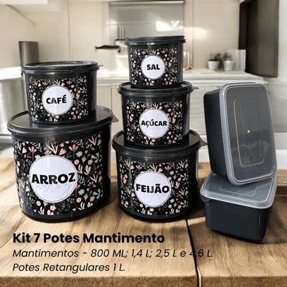 Kit 7 Potes Mantimento e Retangular Marmita Tapoer Organizador de Alimentos Colorido