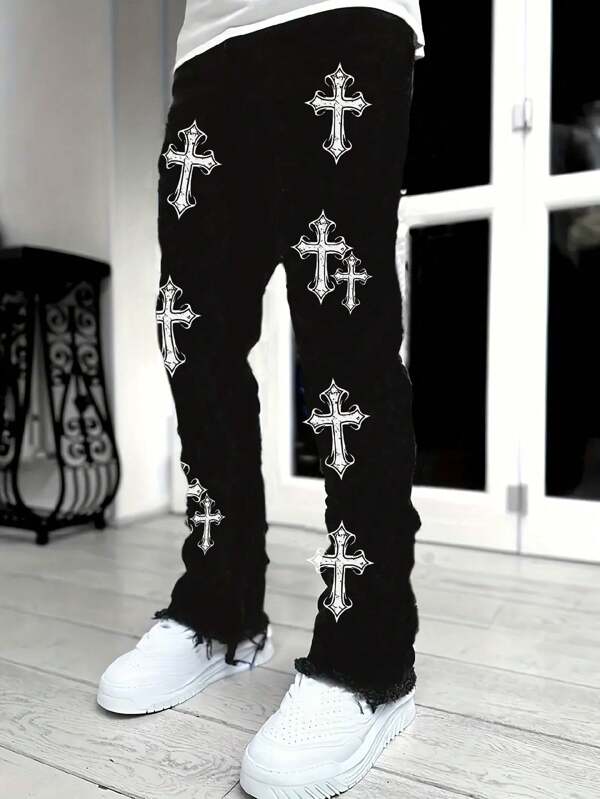 Men's Casual Street Cross Print Jeans Long Stretch Fit Flared Jeans Black Fashion Versatile Wide Leg Pants, Black Party Streetwear, Rapper, Y2K Jeans