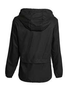 Women Packable Rain Jacket, Outdoor Hooded Windbreaker With Adjustable Drawstring - Black - View 5