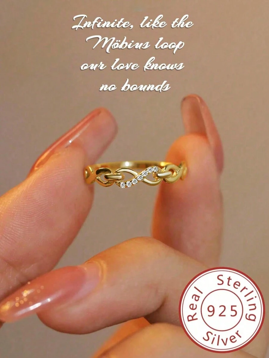 Bague design vague en argent sterling S925, bague de doigt délicate incrustée pour usage quotidien pour femmes, inspirée du style japonais et européen/américain, symbole d'amour infini pour mariage, fête, vacances, cadeau aléatoire avec boîte - Doré - Voir 1