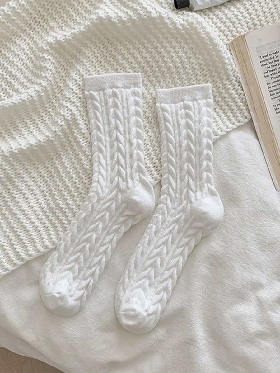1 Đôi tất cổ cao dày lót nhiệt dệt kim màu trơn cho nữ - Nhiều màu - Xem 1