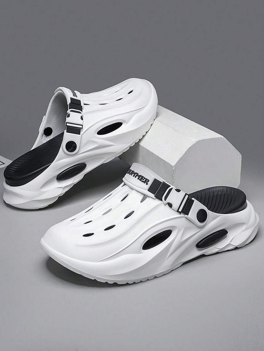Hollow 男士夏季户外凉鞋厚底防滑防水情侣沙滩鞋2024新款潮流百搭男士防臭运动拖鞋闭趾休闲司机拖鞋 - 素面白黑 - 查看 1