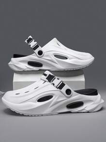 Hollow 男士夏季户外凉鞋厚底防滑防水情侣沙滩鞋2024新款潮流百搭男士防臭运动拖鞋闭趾休闲司机拖鞋 - 素面白黑 - 查看 2