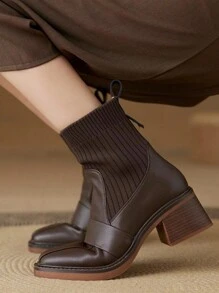 女士优雅针织弹力踝靴，皮革拼接，粗跟，方头，一脚蹬休闲短靴 - 棕色 - 查看 2