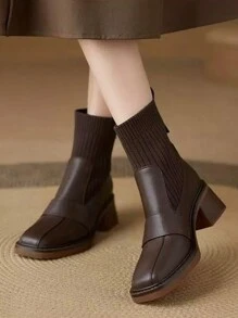 女士优雅针织弹力踝靴，皮革拼接，粗跟，方头，一脚蹬休闲短靴 - 棕色 - 查看 5