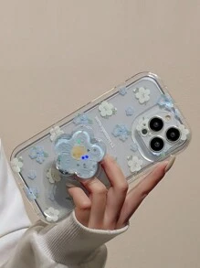 1pc Floral Pattern Transparent Phone Case With Removable Kickstand Compatible With IPhone 15/15Pro/15Plus/15Promax - Màu xanh lam - Xem 3