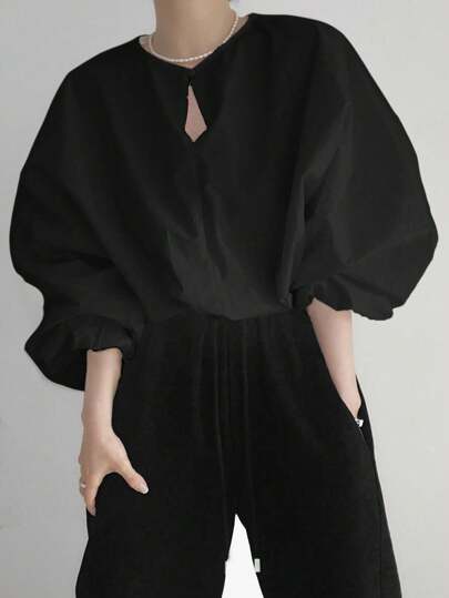 女式简约前扣灯笼袖休闲纯色衬衫，春夏