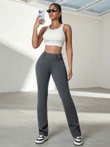 Pantalones de mujer de bolsillo con diseño ajustado y elástico, para uso casual de primavera - Gris Oscuro - Ver 4